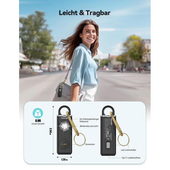 TECKNET Persönlicher Alarm, Taschenalarm mit 130 dB Sirene und LED Signalleuchte, USB Typ-C wiederaufladbar Schlüsselanhänger für Frauen, Sicherheitsalarm für Kinder/Frauen/Ältere/Studenten (Schwarz)