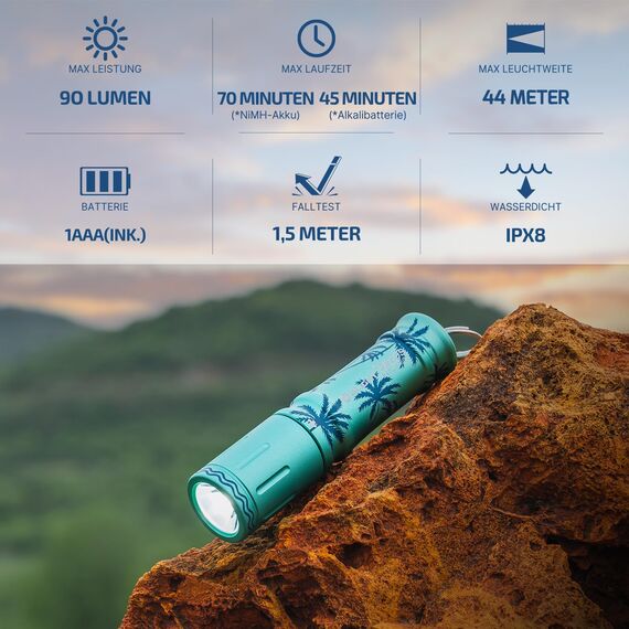 OLIGHT I3E EOS Mini LED Taschenlampe Schlüsselanhänger 90 Lumen und 44m Reichweite, kleine Flashlight Schlüsselbund Handlampe Wasserdicht IPX8, AAA Batterie, für Camping,Wandern Summer Palm