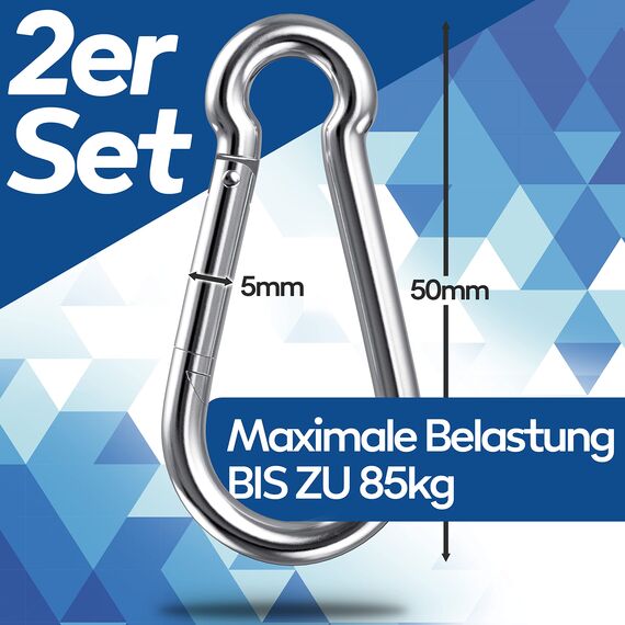 GARSIDURO® Karabinerhaken | 2er Set 5x50 mm | Karabiner Stahl verzinkt DIN 5299 | Feuerwehr-Karabiner mit Schnappverschluss geeignet als Schlüsselanhänger oder für Schwerlast und Hundeleine