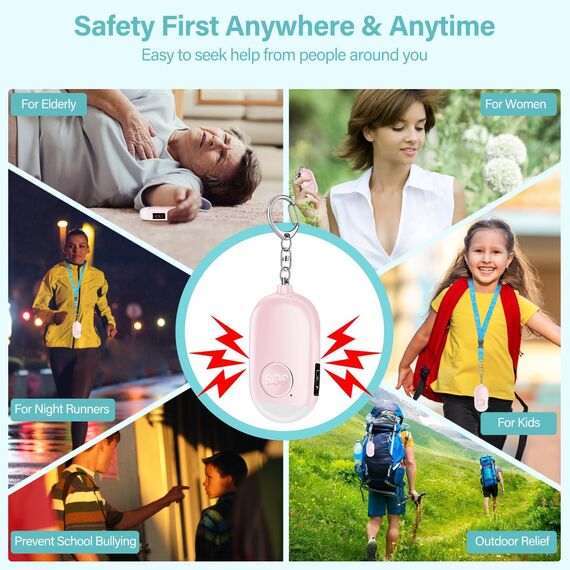 Hion Taschenalarm Frauen,130DB Wiederaufladbar Persönlicher Selbstverteidigung Alarm mit LED-Beleuchtung,Panikalarm Handtaschenalarm Schlüsselanhänger für Frauen,Kinder,ältere Menschen（Rosa）