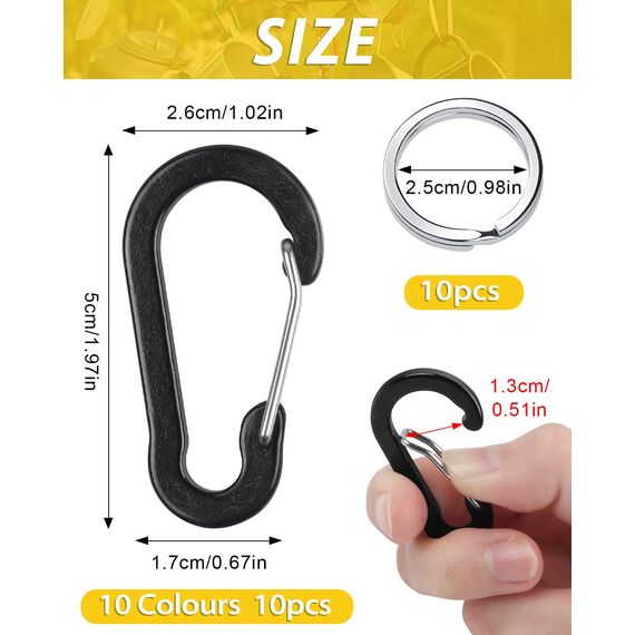 Caianwin 10 Stück Bunt Karabinerhaken Klein 5cm, Aluminium Karabiner mit Schlüsselringe Outdoor Schlüsselanhänger für Schlüssel, Camping, Rucksack, Angeln (10 Farben)