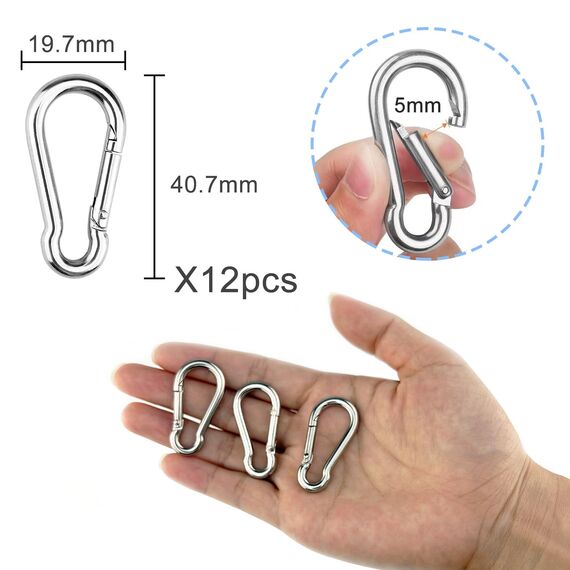 Nutabevr 12 Stück Karabiner Edelstahl 304, Schlüsselanhänger Karabinerhaken φ4mm, mit Schnappverschluss belastbar Karabinerhaken, für Schlüsselanhänger, Rucksack, Hundeleine, Hängematte, Boxsack