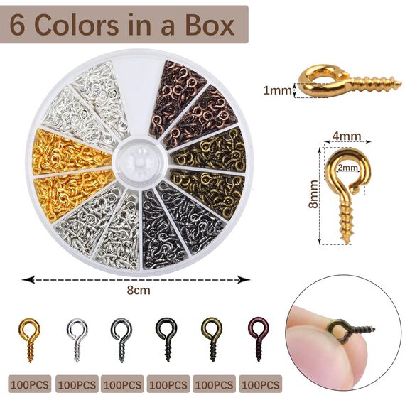 ZFKXGS 600Stk Schraubhaken Kleine Ösenschraube 4x8mm Mini Augenschrauben Metall Hakenschrauben Augen Schraubösen für Schlüsselanhänger Schmuckherstellung DIY Kunsthandwerk Holz Basteln Möbel, 6 Farben