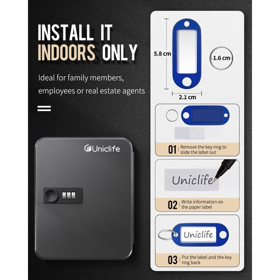 Uniclife 20 Position Schlüssel Kabinett mit Kombination Lock Resettable Black Digital Security Storage Box Steel Key Organizer mit bunten Schlüsselanhänger Etiketten Aufkleber und Haken
