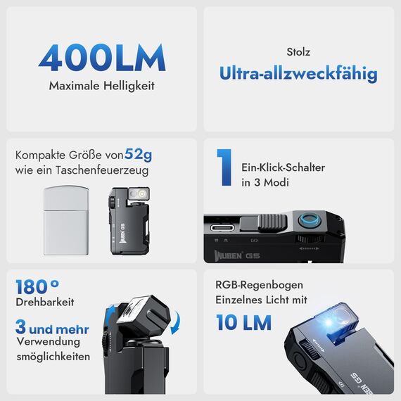 WUBEN G5 LED Taschenlampe Aufladbar - RGB Mini Schlüsselanhänger 400 Lumen, EDC Multifunktional Magnetische USB, 6 Modi Flashlight Wasserdicht für Camping Outdoor