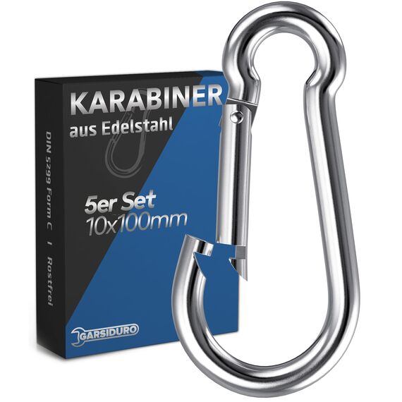 GARSIDURO® Edelstahl Karabiner | 5er Set 10x100 mm | Karabinerhaken DIN 5299 rostfrei | Feuerwehr-Karabiner mit Schnappverschluss geeignet als Schlüsselanhänger oder für Schwerlast und Hundeleine