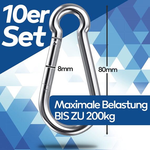 GARSIDURO® Edelstahl Karabiner | 10er Set 8x80 mm | Karabinerhaken DIN 5299 rostfrei | Feuerwehr-Karabiner mit Schnappverschluss geeignet als Schlüsselanhänger oder für Schwerlast und Hundeleine