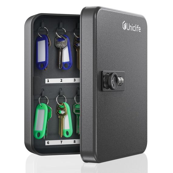 Uniclife 20 Position Schlüssel Kabinett mit Kombination Lock Resettable Black Digital Security Storage Box Steel Key Organizer mit bunten Schlüsselanhänger Etiketten Aufkleber und Haken