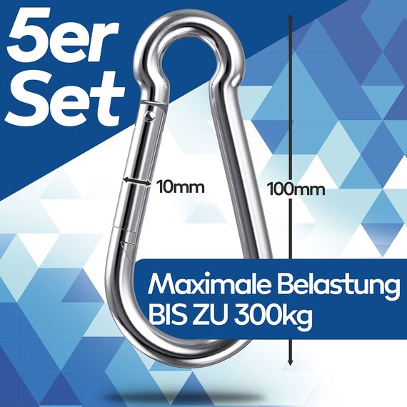 GARSIDURO® Karabinerhaken 5er Set 10x100 mm | Stahl Verzinkt DIN 5299 | Feuerwehr Karabiner Mit Schnappverschluss Als Schlüsselanhänger Oder Schwerlast Karabiner Für Wohnwagen