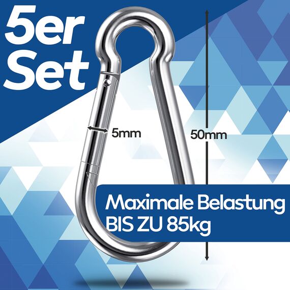 GARSIDURO® Edelstahl Karabiner | 5er Set 5x50 mm | Karabinerhaken DIN 5299 rostfrei | Feuerwehr-Karabiner mit Schnappverschluss geeignet als Schlüsselanhänger oder für Schwerlast und Hundeleine