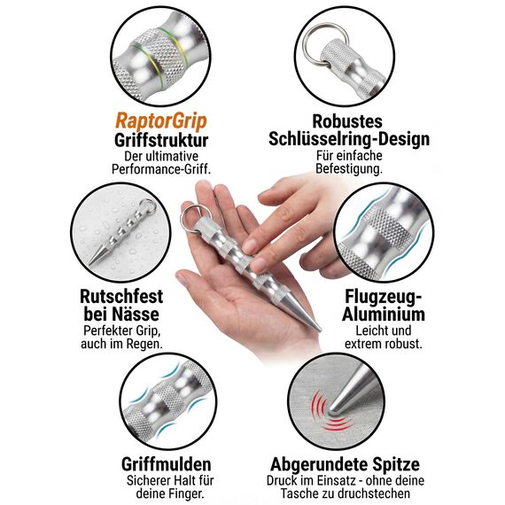 Kubotan mit Extra Grip Selbstverteidigung Druckverstärker als Notfallhammer aus Aluminium 11cm 14cm 17,5cm, Schlüsselanhänger