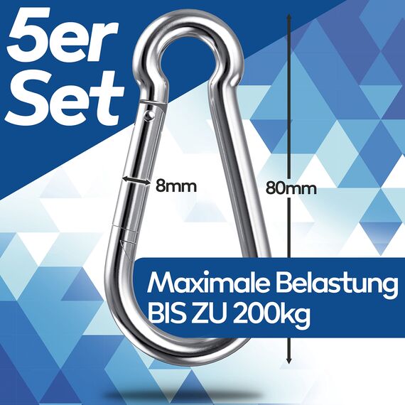 GARSIDURO® Edelstahl Karabiner | 5er Set 8x80 mm | Karabinerhaken DIN 5299 rostfrei | Feuerwehr-Karabiner mit Schnappverschluss geeignet als Schlüsselanhänger oder für Schwerlast und Hundeleine