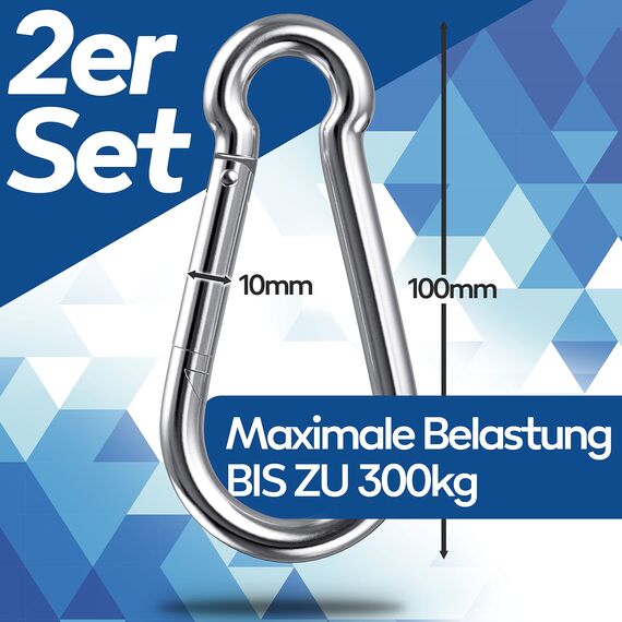 GARSIDURO® Karabinerhaken 2er Set 10x100 mm | Stahl Verzinkt DIN 5299 | Feuerwehr Karabiner Mit Schnappverschluss Als Schlüsselanhänger Oder Schwerlast Für Wohnwagen