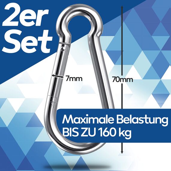 GARSIDURO® Karabinerhaken | 2er Set 7x70 mm | Karabiner Stahl verzinkt DIN 5299 | Feuerwehr-Karabiner mit Schnappverschluss geeignet als Schlüsselanhänger oder für Schwerlast und Hundeleine Wohnwagen