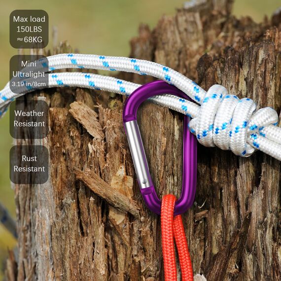Sprookber 3" Aluminium Karabiner D-Ring - karabinerhaken Clips mit Federschnapphaken für Schlüsselanhänger Clip - 10 Stücke (Lila)