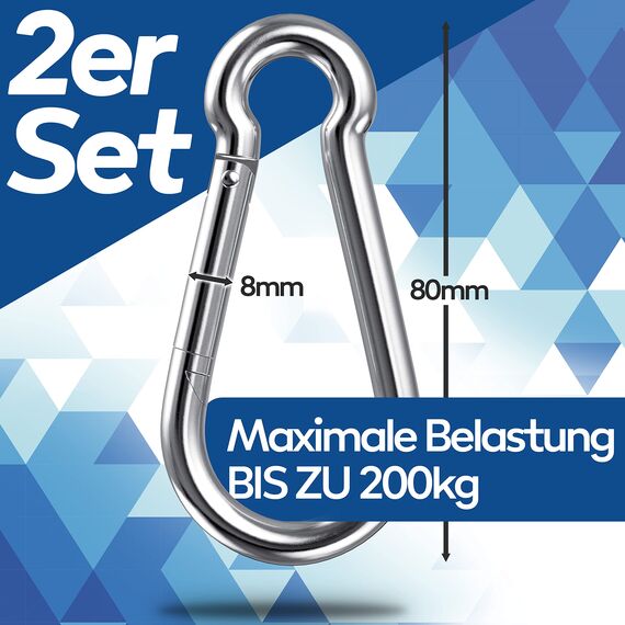 GARSIDURO® Edelstahl Karabiner | 2er Set 8x80 mm | Karabinerhaken DIN 5299 rostfrei | Feuerwehr-Karabiner mit Schnappverschluss geeignet als Schlüsselanhänger oder für Schwerlast und Hundeleine