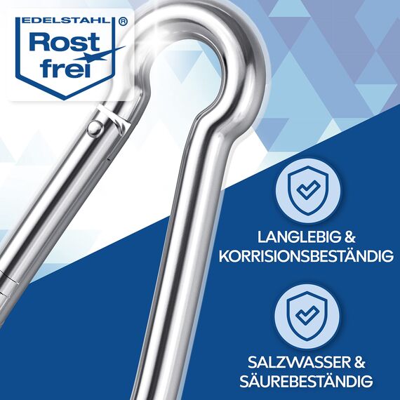 GARSIDURO® Edelstahl Karabiner | 2er Set 11x120 mm | Karabinerhaken DIN 5299 rostfrei | Feuerwehr-Karabiner mit Schnappverschluss geeignet als Schlüsselanhänger oder für Schwerlast und Hundeleine