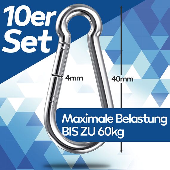 GARSIDURO® Edelstahl Karabiner | 10er Set 4x40 mm | Karabinerhaken DIN 5299 rostfrei | Feuerwehr-Karabiner mit Schnappverschluss geeignet als Schlüsselanhänger oder für Schwerlast und Hundeleine