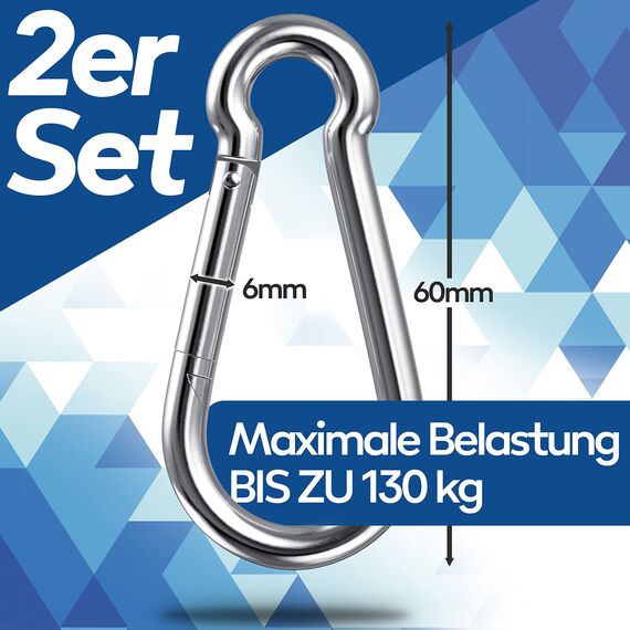 GARSIDURO® Edelstahl Karabiner | 2er Set 6x60 mm | Karabinerhaken DIN 5299 rostfrei | Feuerwehr-Karabiner mit Schnappverschluss geeignet als Schlüsselanhänger oder für Schwerlast und Hundeleine