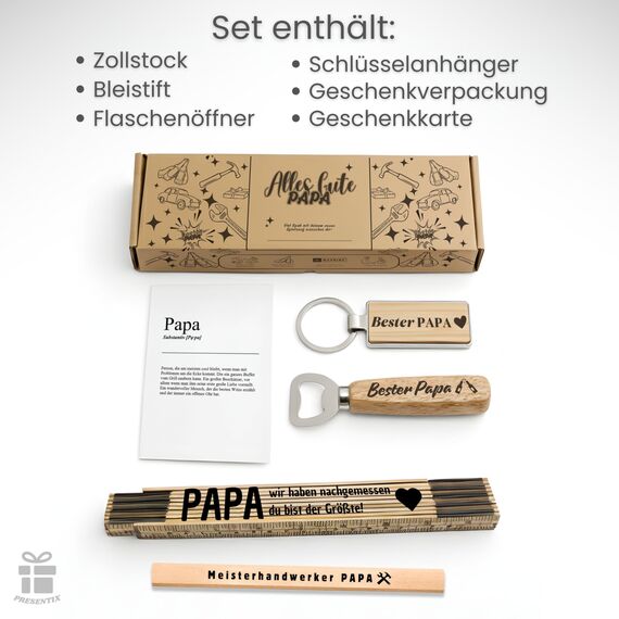 Presentix® Bester Papa Geschenkset - mit Bieröffner, Zollstock, Bleistift und Schlüsselanhänger | Geschenke für Väter | Geburtstagsgeschenk für Männer | bester Papa Geschenke | Geschenkbox Papa