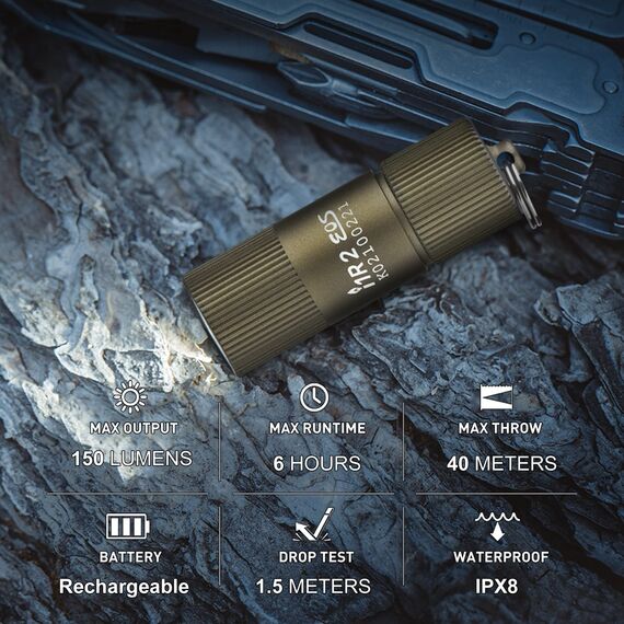 OLIGHT I1R II Mini LED Taschenlampe Schlüsselbund 150 Lumen, Schlüsselanhänger Wiederaufladbarer EOS Kleine Handlampe, Wasserdicht IPX8 für outdoor Camping Wandern, mit USB Kabel(Desert Tan)
