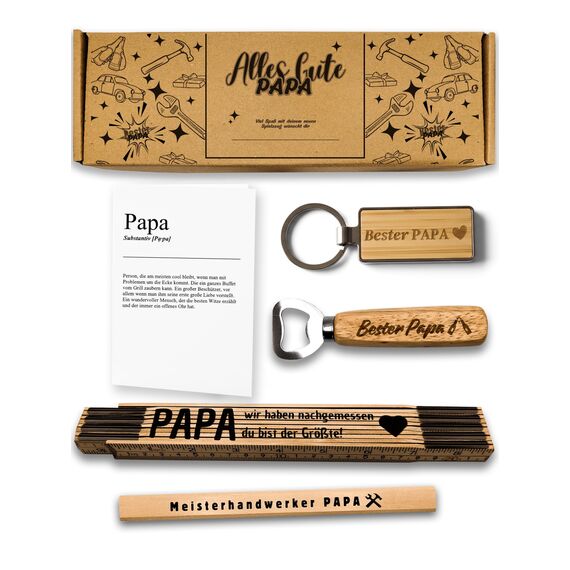 Presentix® Bester Papa Geschenkset - mit Bieröffner, Zollstock, Bleistift und Schlüsselanhänger | Geschenke für Väter | Geburtstagsgeschenk für Männer | bester Papa Geschenke | Geschenkbox Papa