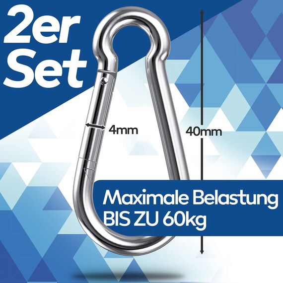 GARSIDURO® Edelstahl Karabiner | 2er Set 4x40 mm | Karabinerhaken DIN 5299 rostfrei | Feuerwehr-Karabiner mit Schnappverschluss geeignet als Schlüsselanhänger oder für Schwerlast und Hundeleine