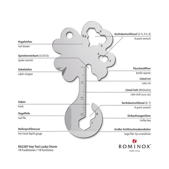 Geschenkartikel: ROMINOX Key Tool Lucky Charm, 19 Funktionen, Schlüsselanhänger Kleeblatt, Glücksbringer, Edelstahl Multitool, Multifunktionswerkzeug, Kleinigkeit für Adventskalender