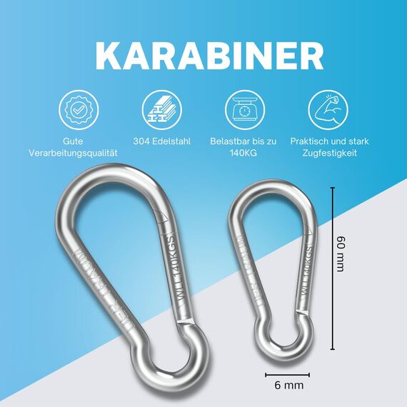 Der Traum 12 Stück Karabinerhaken Edelstahl, 6 x 60mm – Karabiner mit Belastbarkeit von 140 KG – Ideal für Schlüsselanhänger, Camping, Wandern, Reisen, Angeln, Rucksack (Silber)