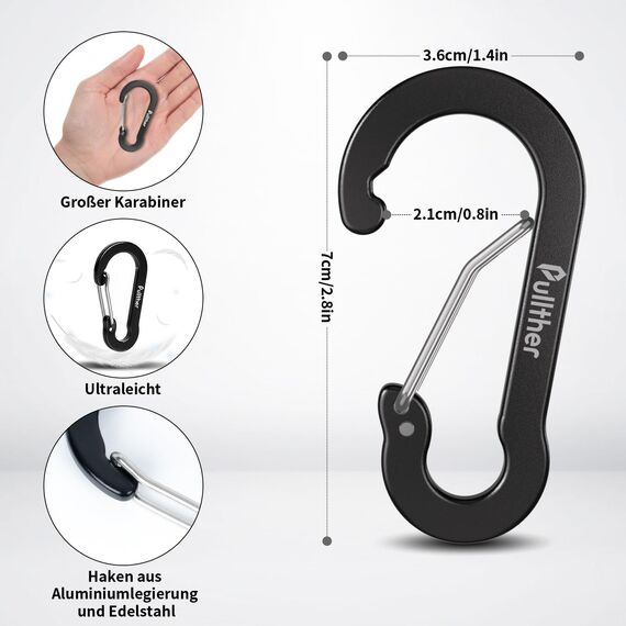 pullther 10 Stück Karabinerhaken, 70mm/2.76'' Karabinerhaken groß, Aluminium D-Ring Karabiner Schlüsselanhänger für Outdoor Sport, Wandern, Camping, Angeln - Mehrfarbig