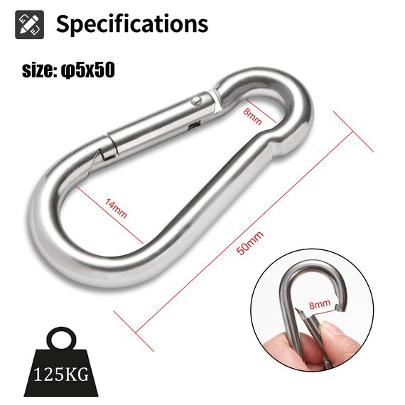 Karabiner Legierter Stahl, Schlüsselanhänger Karabinerhaken 50mm x φ5mm belastbar bis 120 kg Kletterhaken verzinkt (6 Stück)