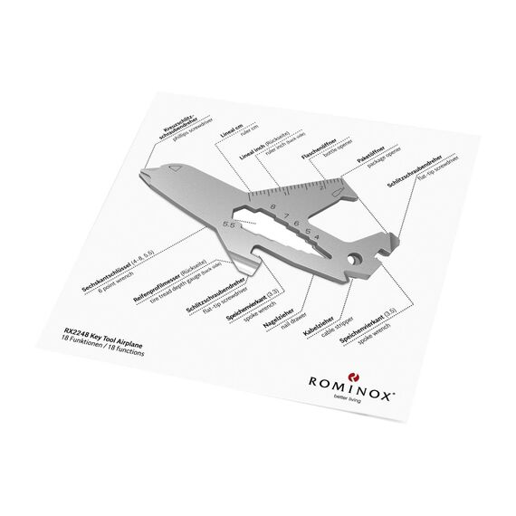 Geschenkartikel: ROMINOX Key Tool // Airplane, 18 Funktionen, Keytool Schlüsselanhänger Flugzeug/Pilot, Edelstahl Multitool, Multifunktionswerkzeug, Kleinigkeit für Adventskalender
