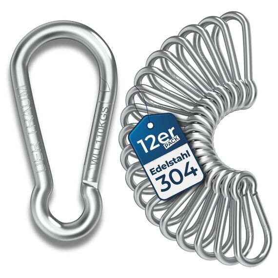 Der Traum 12 Stück Karabinerhaken Edelstahl, Carabiner, 5 x 50mm – Karabiner mit Belastbarkeit von 110 KG – Ideal für Schlüsselanhänger, Camping, Wandern, Reisen, Angeln, Rucksack (Silber)