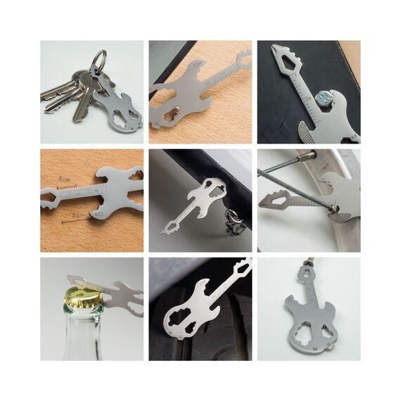 Geschenkartikel: ROMINOX Key Tool Guitar, 19 Funktionen, Keytool Schlüsselanhänger Gitarre, E-Gitarre, Edelstahl Multitool, Multifunktionswerkzeug, Kleinigkeit für Adventskalender