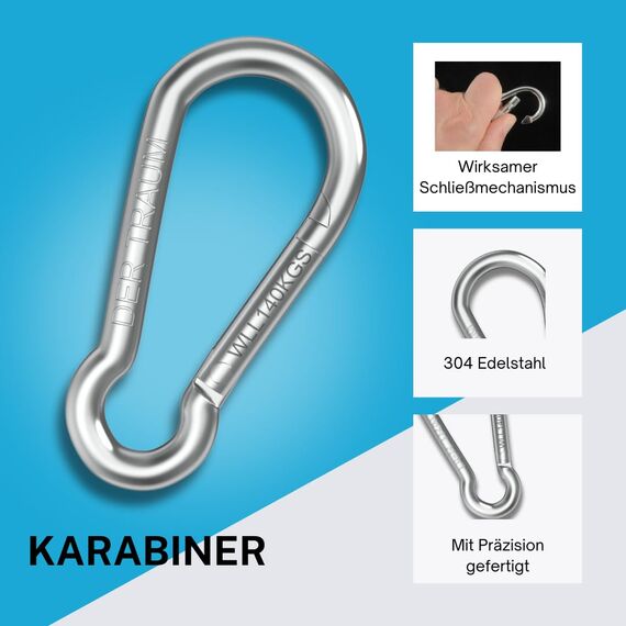 Der Traum 12 Stück Karabinerhaken Edelstahl, 6 x 60mm – Karabiner mit Belastbarkeit von 140 KG – Ideal für Schlüsselanhänger, Camping, Wandern, Reisen, Angeln, Rucksack (Silber)