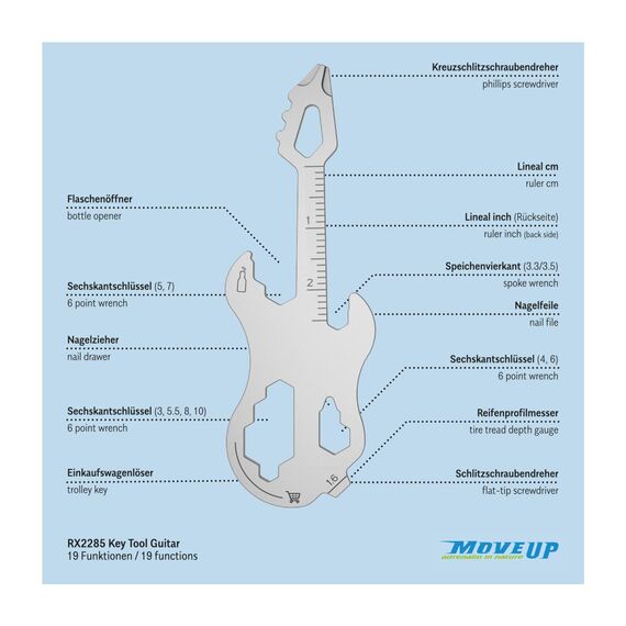 Geschenkartikel: ROMINOX Key Tool Guitar, 19 Funktionen, Keytool Schlüsselanhänger Gitarre, E-Gitarre, Edelstahl Multitool, Multifunktionswerkzeug, Kleinigkeit für Adventskalender
