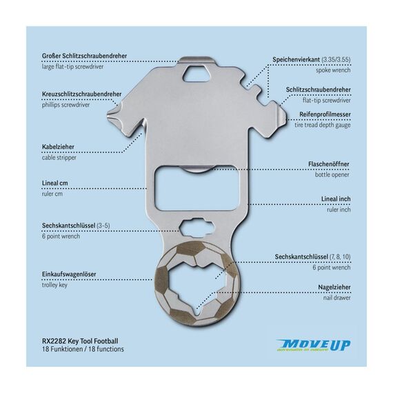 Geschenkartikel: ROMINOX Key Tool // Football – 18 Funktionen, Keytool Schlüsselanhänger Fußball-Fan, Multitool, Multifunktionswerkzeug, Fußball EM, World Cup, Kleinigkeit für Adventskalender