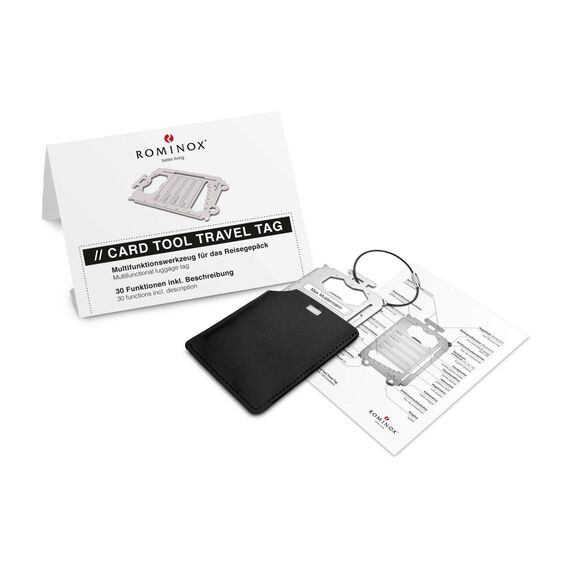 Geschenkartikel: ROMINOX Card Tool // Travel Tag – 30 Funktionen – Multifunktionaler Kofferanhänger/Reisegepäckanhänger, Edelstahl inkl. Etui & Funktionsbeschreibung, Multifunktionswerkzeug