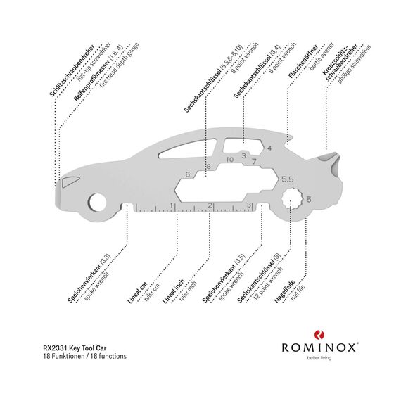 Geschenkartikel: ROMINOX Key Tool // Auto/Car, 18 Funktionen, Keytool Schlüsselanhänger, Flaschenöffner, Edelstahl Multitool, Multifunktionswerkzeug, Führerschein, Kleinigkeit für Adventskalender