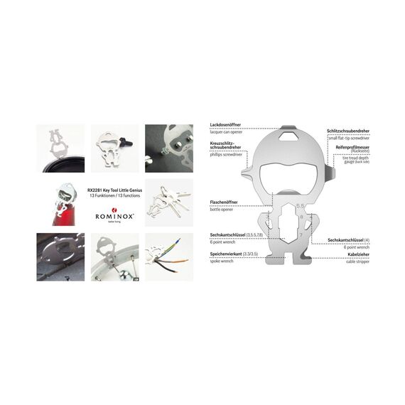 Geschenkartikel: ROMINOX Key Tool // Little Genius,13 Funktionen, Keytool Schlüsselanhänger, Edelstahl Multitool, Multifunktionswerkzeug, auf Reisen oder im Urlaub, Kleinigkeit für Adventskalender
