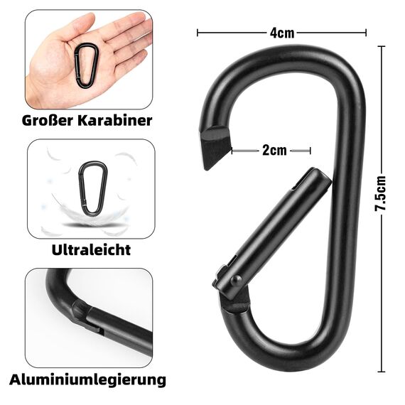 pullther 10 Stück Aluminium Karabinerhaken, 75mm/2.95'' Karabinerhaken groß, Korrosionsbeständige D-Ring Karabiner Schlüsselanhänger für Outdoor Sport, Wandern, Camping, Angeln - Schwarz