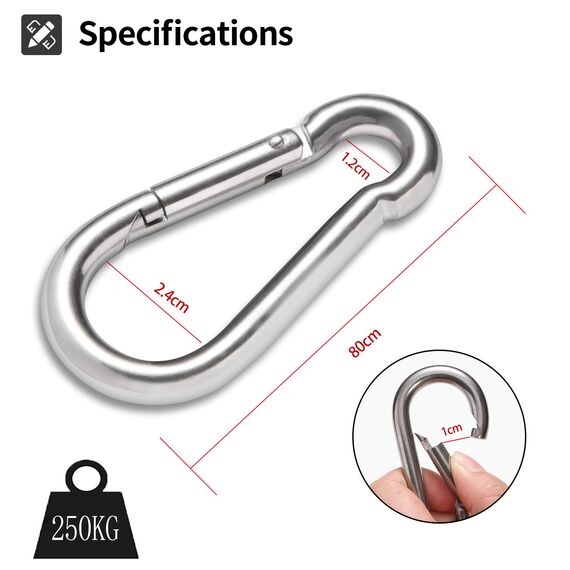 Karabiner Legierter Stahl, Schlüsselanhänger Karabinerhaken 80mm x φ8mm belastbar bis 250 kg Kletterhaken verzinkt (12 Stück)
