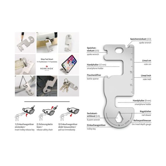 Geschenkartikel: ROMINOX Shop Tool // Smart, 11 Funktionen, Keytool Schlüsselanhänger, Einkaufswagenlöser, Edelstahl Multitool, Multifunktionswerkzeug, Kleinigkeit für Adventskalender