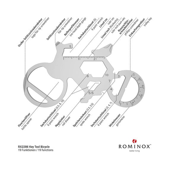 Geschenkartikel: ROMINOX Key Tool Bicycle, 19 Funktionen, Schlüsselanhänger Fahrrad, Mountainbike, Gravel Bike, Edelstahl Multitool, Multifunktionswerkzeug, Kleinigkeit für Adventskalender