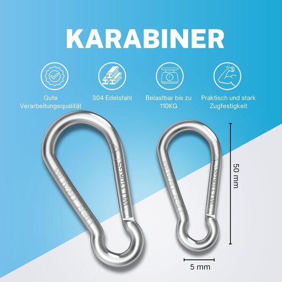 Der Traum 12 Stück Karabinerhaken Edelstahl, Carabiner, 5 x 50mm – Karabiner mit Belastbarkeit von 110 KG – Ideal für Schlüsselanhänger, Camping, Wandern, Reisen, Angeln, Rucksack (Silber)
