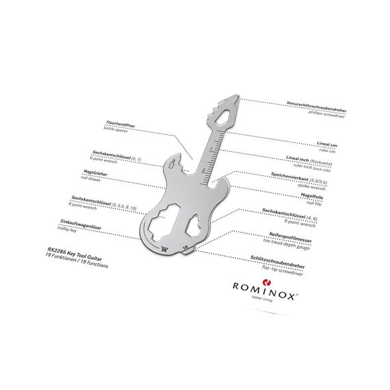 Geschenkartikel: ROMINOX Key Tool Guitar, 19 Funktionen, Keytool Schlüsselanhänger Gitarre, E-Gitarre, Edelstahl Multitool, Multifunktionswerkzeug, Kleinigkeit für Adventskalender