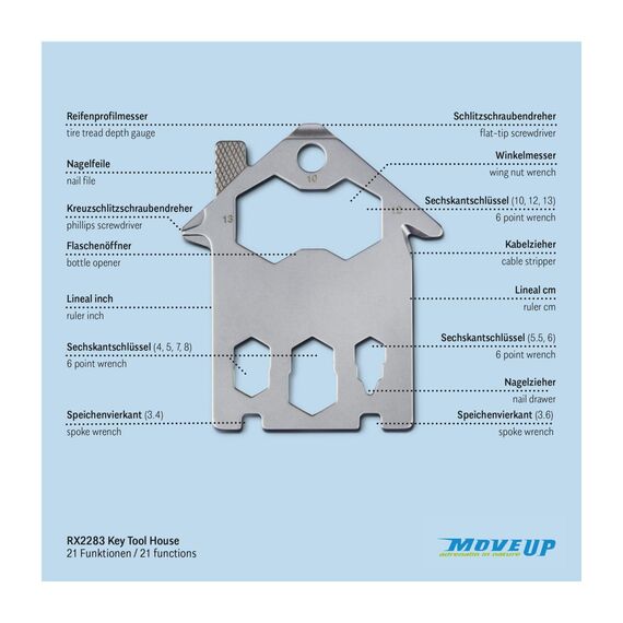 Geschenkartikel: ROMINOX Key Tool // House – 21 Funktionen, Umzug, Einzug, Richtfest, Keytool Schlüsselanhänger, Edelstahl Multitool, Multifunktionswerkzeug, Kleinigkeit für Adventskalender