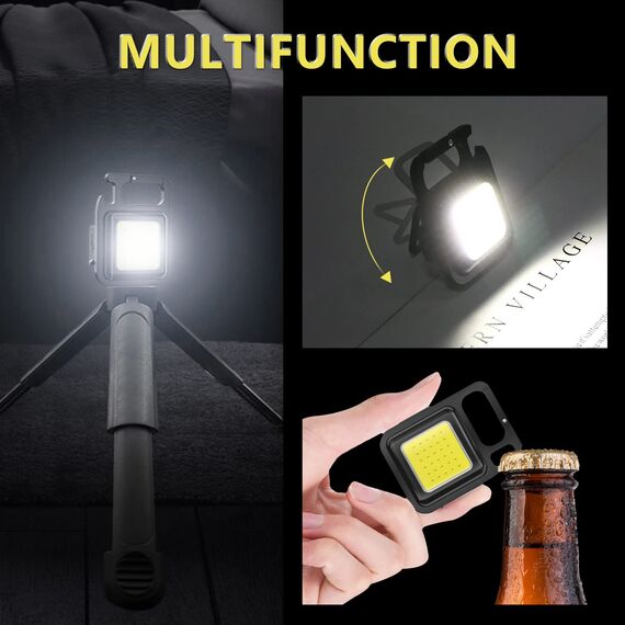2 Stück COB Schlüsselanhänger-Taschenlampe,4 Modi USB Wiederaufladbare Wasserdichte 800 Lumen LED Kleine Taschenlampen,tragbare Taschenlampe mit Klapphalterung, Flaschenöffner und Magnetfuß