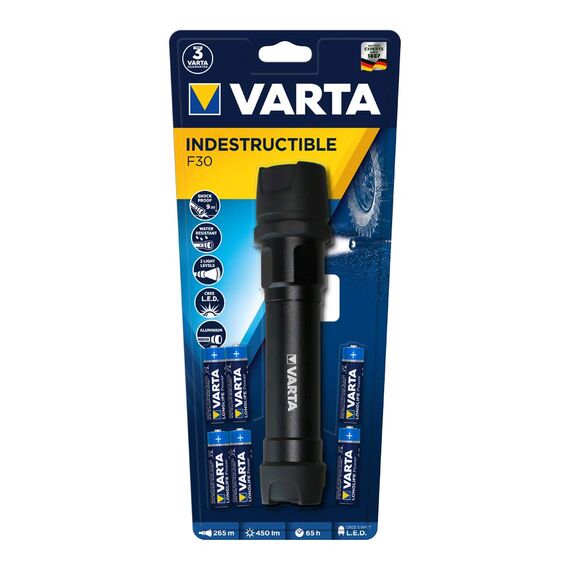Varta Indestructible 1 Watt LED F30 Taschenlampe/Arbeitsleuchte (inkl. 6 Longlife Power AA Batterien, kratzfestes und spritzwassergeschütztes Gehäuse)