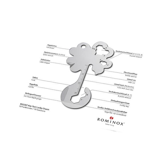 Geschenkartikel: ROMINOX Key Tool Lucky Charm, 19 Funktionen, Schlüsselanhänger Kleeblatt, Glücksbringer, Edelstahl Multitool, Multifunktionswerkzeug, Kleinigkeit für Adventskalender